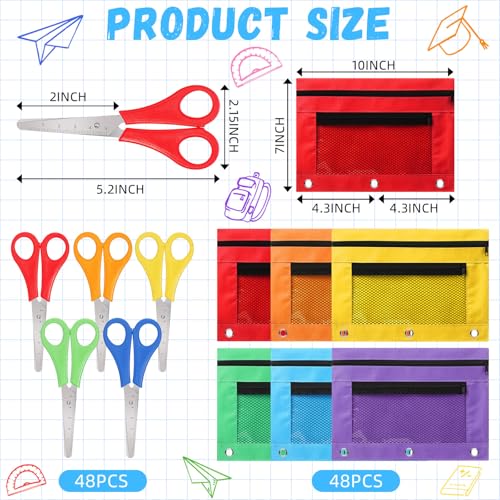Kolldenn 96 Pieces Back to School Supply Kit Kids Scissors Bulk Binder Pencil Pouches Blunt Tip Student Scissors Pen Case With 3 Holes for Classroom Office Home Child School Operation Supplies