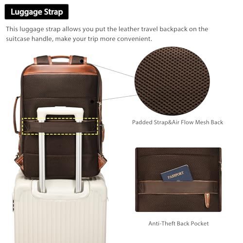 LANNSYNE Vegetable Tanned Leather Backpack for men, Expandable Leather Backpack Fits 15.6 Laptop, Tote Shoulder Travel Bag Rucksack