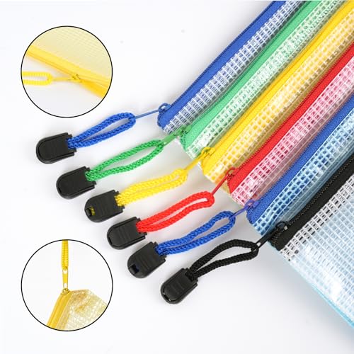 EOOUT 24pcs Plastic Mesh Zipper Pouch, 9 x 4.3in Pencil Pouches 6 Colors Waterproof Zipper Bags for Bill, Plastic Zipper Pouches for Travel School Home and Office Supplies Storage