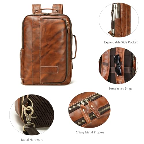 LANNSYNE Vegetable Tanned Leather Backpack for men, Expandable Leather Backpack Fits 15.6 Laptop, Tote Shoulder Travel Bag Rucksack