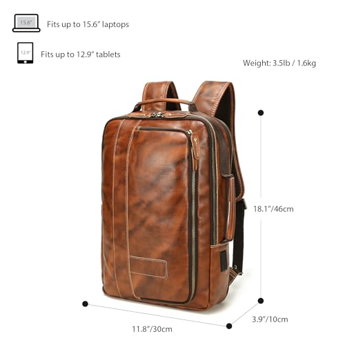 LANNSYNE Vegetable Tanned Leather Backpack for men, Expandable Leather Backpack Fits 15.6 Laptop, Tote Shoulder Travel Bag Rucksack