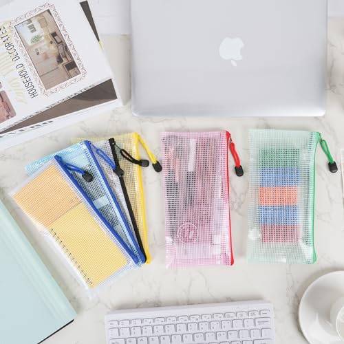 EOOUT 24pcs Plastic Mesh Zipper Pouch, 9 x 4.3in Pencil Pouches 6 Colors Waterproof Zipper Bags for Bill, Plastic Zipper Pouches for Travel School Home and Office Supplies Storage