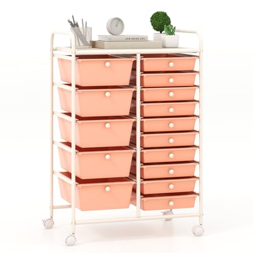 Giantex 15 Drawers Rolling Cart, Classroom Organizers, Storage Cart with Wheels, for Teacher Office Home School Supplies Tool Craft Art Paper