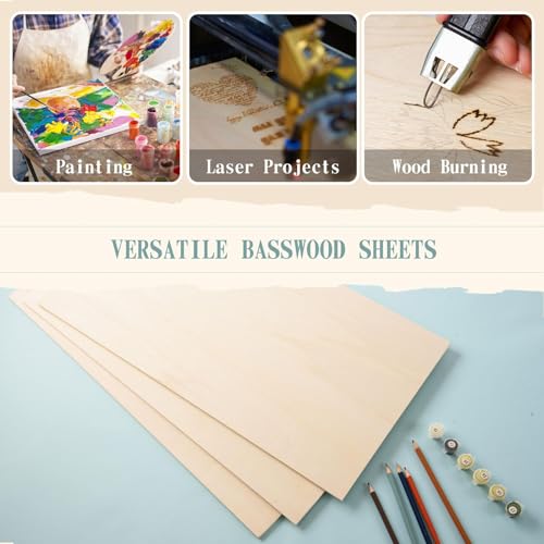 12 Pack 10.7 x 7 x 1/4 Inch-6mm Thick Basswood Sheets for Crafts Unfinished Plywood Sheets Rectangular Wood Panel Boards for DIY Laser Project, Wood Burning, Engraving, Architectural Models, Staining