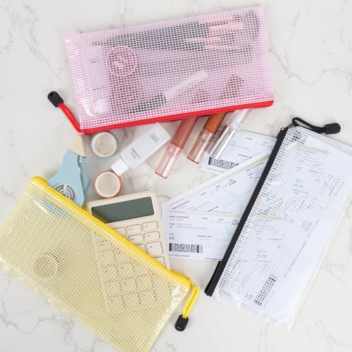 EOOUT 24pcs Plastic Mesh Zipper Pouch, 9 x 4.3in Pencil Pouches 6 Colors Waterproof Zipper Bags for Bill, Plastic Zipper Pouches for Travel School Home and Office Supplies Storage