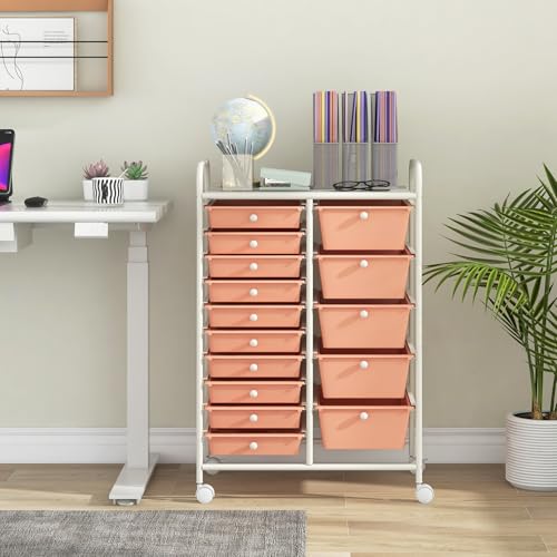 Giantex 15 Drawers Rolling Cart, Classroom Organizers, Storage Cart with Wheels, for Teacher Office Home School Supplies Tool Craft Art Paper