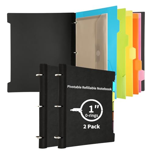 Tashkummy 2Pcs Pivotable Refillable Notebook, Notebook with Dividers and Tabs, 30 College Ruled Paper and 30 Graph Paper, 1 Movable Pocket, 5 Plastic Tabbed Subject Dividers- Black
