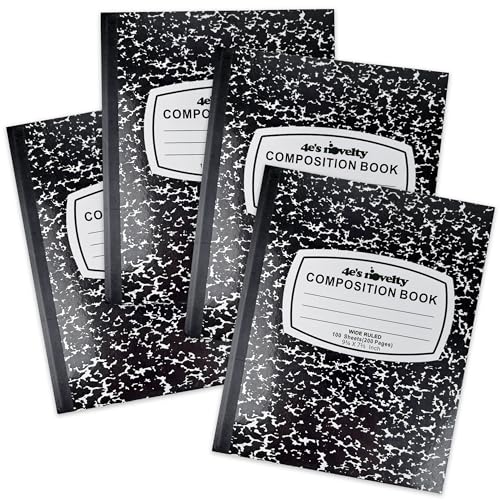 4E's Novelty Wide Ruled Composition Notebooks [4 Pack] Hard Cover 100 Sheets 9.75" x 7.5" - Black Marble Bulk Compositon Book Wide Ruling, Back to School Supplies For Students Boys Girls & College