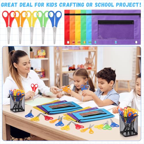 Kolldenn 96 Pieces Back to School Supply Kit Kids Scissors Bulk Binder Pencil Pouches Blunt Tip Student Scissors Pen Case With 3 Holes for Classroom Office Home Child School Operation Supplies