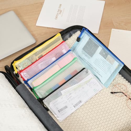 EOOUT 24pcs Plastic Mesh Zipper Pouch, 9 x 4.3in Pencil Pouches 6 Colors Waterproof Zipper Bags for Bill, Plastic Zipper Pouches for Travel School Home and Office Supplies Storage