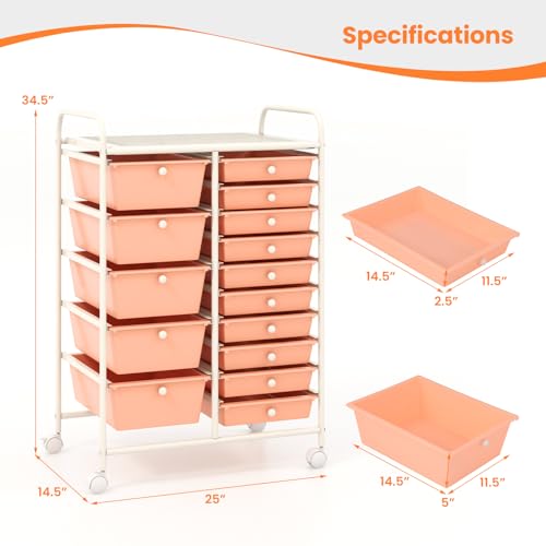 Giantex 15 Drawers Rolling Cart, Classroom Organizers, Storage Cart with Wheels, for Teacher Office Home School Supplies Tool Craft Art Paper