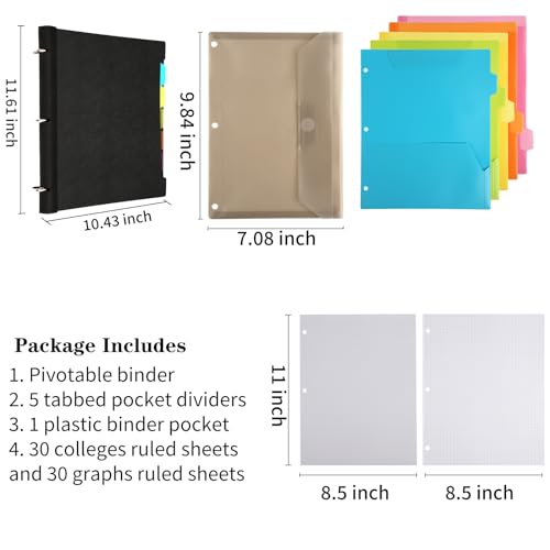 Tashkummy 2Pcs Pivotable Refillable Notebook, Notebook with Dividers and Tabs, 30 College Ruled Paper and 30 Graph Paper, 1 Movable Pocket, 5 Plastic Tabbed Subject Dividers- Black