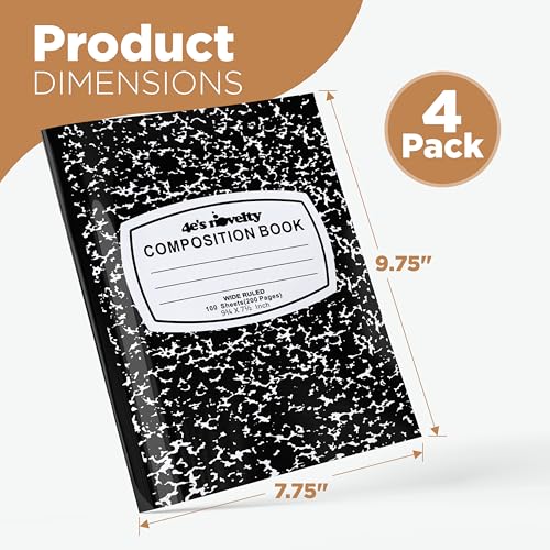 4E's Novelty Wide Ruled Composition Notebooks [4 Pack] Hard Cover 100 Sheets 9.75" x 7.5" - Black Marble Bulk Compositon Book Wide Ruling, Back to School Supplies For Students Boys Girls & College