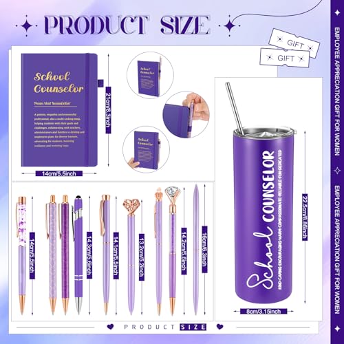 Dispowreath 11 Pcs Boss Lady Teacher School Counselor Appreciation Day Gift Sets Thank You Gifts for Women Female Include 20 oz Tumblers Motivational Journal with 9 Ballpoint Pens (Purple,Counselor)