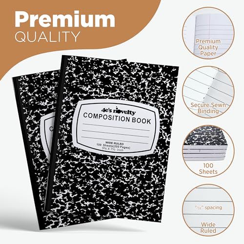4E's Novelty Wide Ruled Composition Notebooks [4 Pack] Hard Cover 100 Sheets 9.75" x 7.5" - Black Marble Bulk Compositon Book Wide Ruling, Back to School Supplies For Students Boys Girls & College