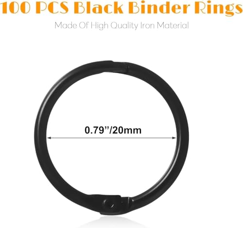 LOUZAGO 100 Pack 3/4 Inch Binder Rings, Black Book Rings Index Card Ring, Metal Ring Binder Clips Key Rings Paper Rings for Office, School, Home (Black, 20mm)