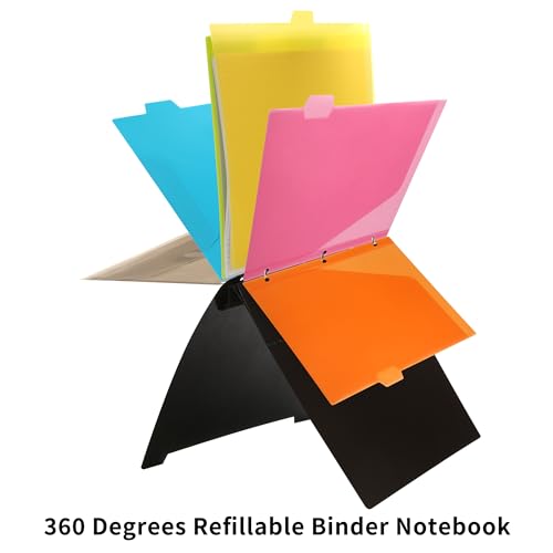 Tashkummy 2Pcs Pivotable Refillable Notebook, Notebook with Dividers and Tabs, 30 College Ruled Paper and 30 Graph Paper, 1 Movable Pocket, 5 Plastic Tabbed Subject Dividers- Black