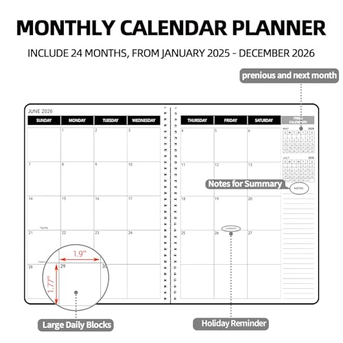 Monthly Planner 2025-2026, 2025 Calendar 24 Months Planner, January 2025 - December 2026, 8.5" x 11", Academic Planner Hard PVC Cover with Spiral Bound, Perfect for School & Office for Women & Men