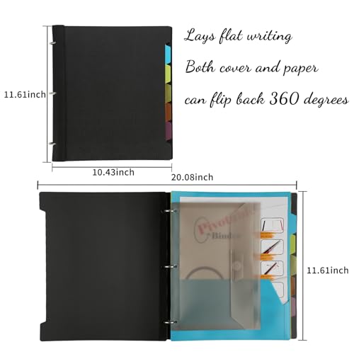 Tashkummy 2Pcs Pivotable Refillable Notebook, Notebook with Dividers and Tabs, 30 College Ruled Paper and 30 Graph Paper, 1 Movable Pocket, 5 Plastic Tabbed Subject Dividers- Black