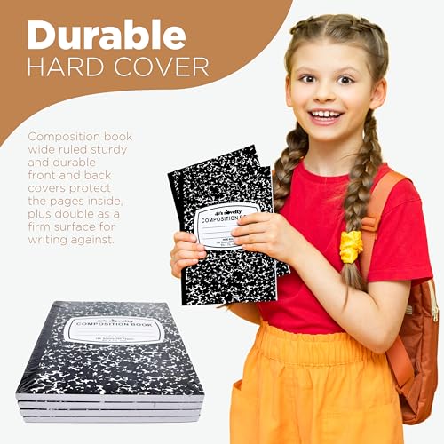 4E's Novelty Wide Ruled Composition Notebooks [4 Pack] Hard Cover 100 Sheets 9.75" x 7.5" - Black Marble Bulk Compositon Book Wide Ruling, Back to School Supplies For Students Boys Girls & College