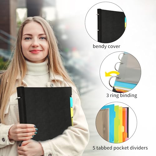 Tashkummy 2Pcs Pivotable Refillable Notebook, Notebook with Dividers and Tabs, 30 College Ruled Paper and 30 Graph Paper, 1 Movable Pocket, 5 Plastic Tabbed Subject Dividers- Black