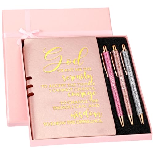 Spakon 5 Pcs Sobriety Gifts for Women Serenity Prayer Gifts Recovery Aa Gifts Christian Journal Gift Leather Notebook 3 Ballpoint Pens with Box for Pastor's Wife Godmother Sunday School, Pink