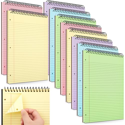 MotiMind 10 Pcs Legal Pads 3 Hole Punched Top Bound Spiral Notebook Tear Line for Easy Removal 8.5 x 11 in Hard Cardboard Paper College Ruled Notepad Spiral Note Pad for Office School (Multicolor)