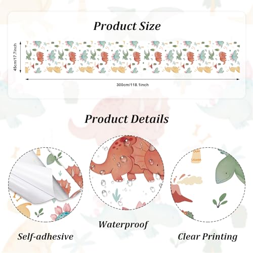 HLNIUC Dinosaur Wallpaper(18”X118”) Dino Kid Contact Paper Dinosaur Themed Peel and Stick Wall Paper Ancient Time Animal Self Stick Room Paper Dino Adhesive Removable Art Paper for Boys Kids Room