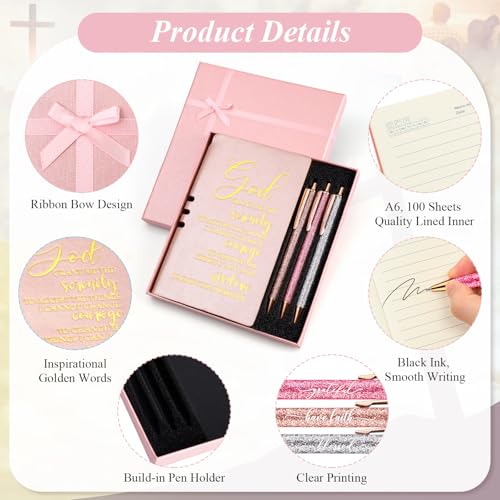 Spakon 5 Pcs Sobriety Gifts for Women Serenity Prayer Gifts Recovery Aa Gifts Christian Journal Gift Leather Notebook 3 Ballpoint Pens with Box for Pastor's Wife Godmother Sunday School, Pink