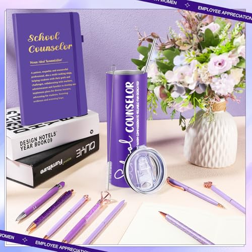 Dispowreath 11 Pcs Boss Lady Teacher School Counselor Appreciation Day Gift Sets Thank You Gifts for Women Female Include 20 oz Tumblers Motivational Journal with 9 Ballpoint Pens (Purple,Counselor)