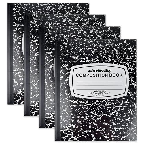 4E's Novelty Wide Ruled Composition Notebooks [4 Pack] Hard Cover 100 Sheets 9.75" x 7.5" - Black Marble Bulk Compositon Book Wide Ruling, Back to School Supplies For Students Boys Girls & College