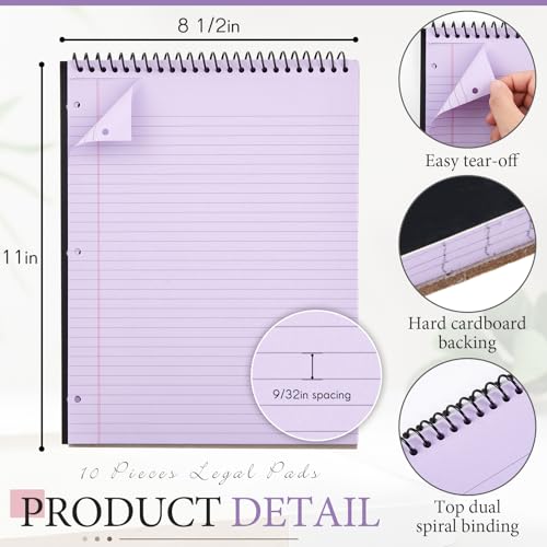MotiMind 10 Pcs Legal Pads 3 Hole Punched Top Bound Spiral Notebook Tear Line for Easy Removal 8.5 x 11 in Hard Cardboard Paper College Ruled Notepad Spiral Note Pad for Office School (Multicolor)