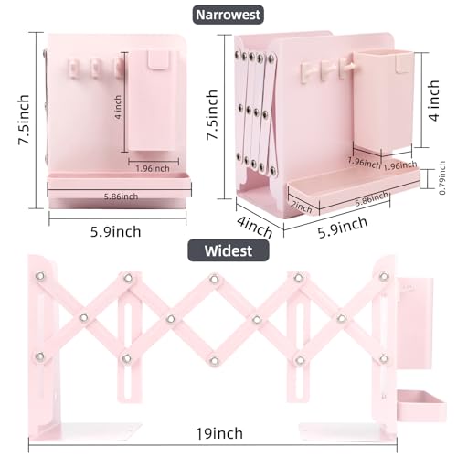 ALKALO Adjustable Bookends, 19" Metal Book Ends for Heavy Books, 2 Dividers Bookends with Removable Pen Holder, Tray, and 3 Hook-up, Book Organizer for Office, School, Bookstore, Home