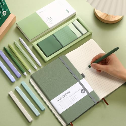 Dispowreath Aesthetic Stationery Set School Supplies 6 Retractable Black Pastel Gel Ink Pens 0.5mm Pastel Notebook Sticky Notes Set 5 Highlighters Self Stick Index Tabs for Study Office Schooll(Green)