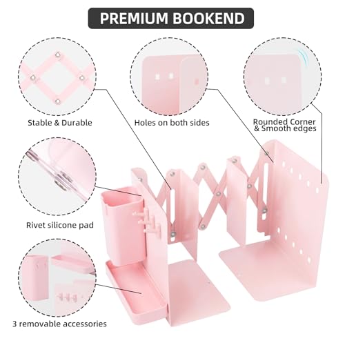 ALKALO Adjustable Bookends, 19" Metal Book Ends for Heavy Books, 2 Dividers Bookends with Removable Pen Holder, Tray, and 3 Hook-up, Book Organizer for Office, School, Bookstore, Home