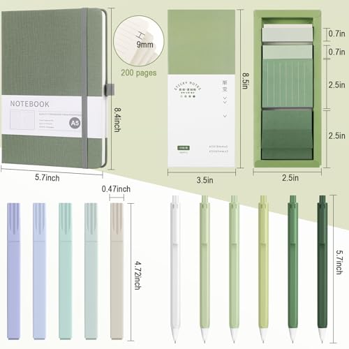 Dispowreath Aesthetic Stationery Set School Supplies 6 Retractable Black Pastel Gel Ink Pens 0.5mm Pastel Notebook Sticky Notes Set 5 Highlighters Self Stick Index Tabs for Study Office Schooll(Green)