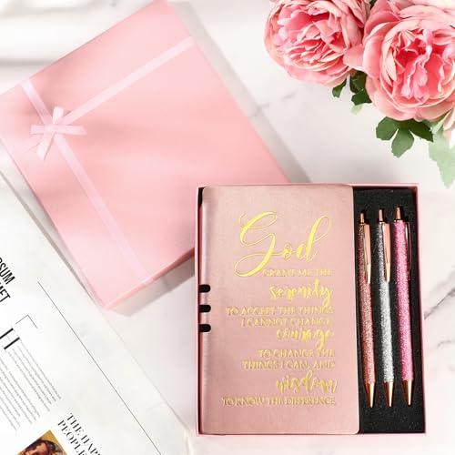 Spakon 5 Pcs Sobriety Gifts for Women Serenity Prayer Gifts Recovery Aa Gifts Christian Journal Gift Leather Notebook 3 Ballpoint Pens with Box for Pastor's Wife Godmother Sunday School, Pink