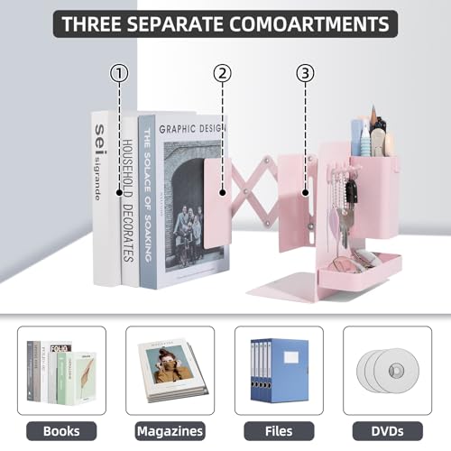 ALKALO Adjustable Bookends, 19" Metal Book Ends for Heavy Books, 2 Dividers Bookends with Removable Pen Holder, Tray, and 3 Hook-up, Book Organizer for Office, School, Bookstore, Home