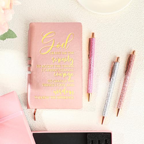 Spakon 5 Pcs Sobriety Gifts for Women Serenity Prayer Gifts Recovery Aa Gifts Christian Journal Gift Leather Notebook 3 Ballpoint Pens with Box for Pastor's Wife Godmother Sunday School, Pink