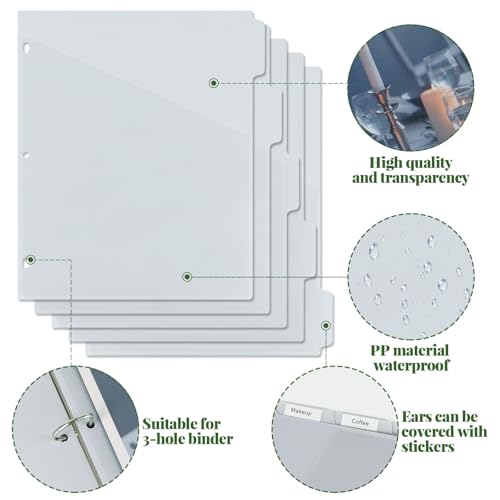 MultiBey A4 Binder Pockets Dividers with Pockets Plastic 6-Ring Binder Divider Bags, Sturdy 3 Holes 5-Tab Dividers Inserts for Journal, Loose Leaf Planner Office, School and Home Supplies (A4-Grey)