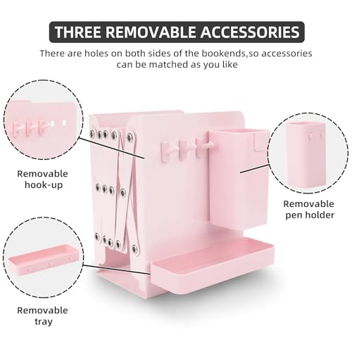 ALKALO Adjustable Bookends, 19" Metal Book Ends for Heavy Books, 2 Dividers Bookends with Removable Pen Holder, Tray, and 3 Hook-up, Book Organizer for Office, School, Bookstore, Home