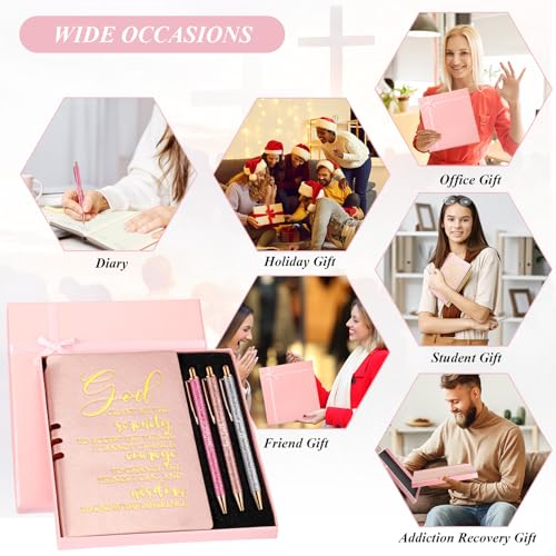 Spakon 5 Pcs Sobriety Gifts for Women Serenity Prayer Gifts Recovery Aa Gifts Christian Journal Gift Leather Notebook 3 Ballpoint Pens with Box for Pastor's Wife Godmother Sunday School, Pink