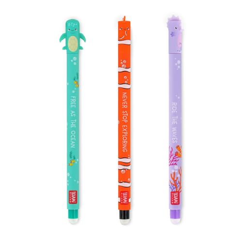Legami - Set of 3 Erasable Gel Pens, Under the Sea, Pens with Thermosensitive Erase Ink, Turquoise, Black, Purple, Erasable Pen Marine, Erasable Pen Without Consuming the Sheet, 0.7mm Tip
