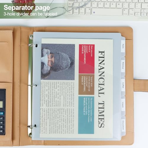 MultiBey A4 Binder Pockets Dividers with Pockets Plastic 6-Ring Binder Divider Bags, Sturdy 3 Holes 5-Tab Dividers Inserts for Journal, Loose Leaf Planner Office, School and Home Supplies (A4-Grey)