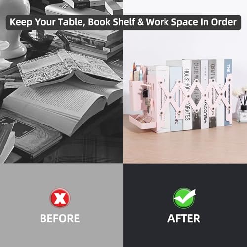 ALKALO Adjustable Bookends, 19" Metal Book Ends for Heavy Books, 2 Dividers Bookends with Removable Pen Holder, Tray, and 3 Hook-up, Book Organizer for Office, School, Bookstore, Home