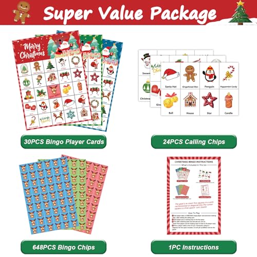 VESPRO 46PCS Christmas Bingo Game Cards for 30 Players Christmas Party Games for Kids Party Classroom Activities