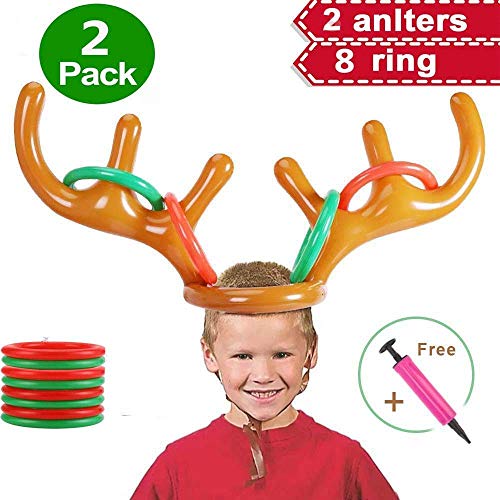 LEDeng 2PCS Christmas Party Toss Game Inflatable Reindeer Antler Hat with Rings for Kids Adults Family Xmas Fun Games(1 Pump，8 Rings, 2 Antlers)