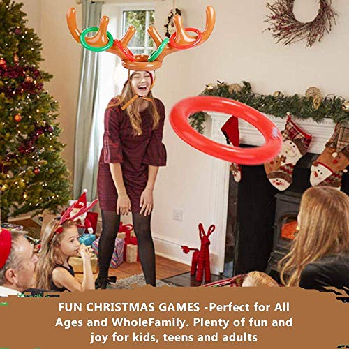 LEDeng 2PCS Christmas Party Toss Game Inflatable Reindeer Antler Hat with Rings for Kids Adults Family Xmas Fun Games(1 Pump，8 Rings, 2 Antlers)