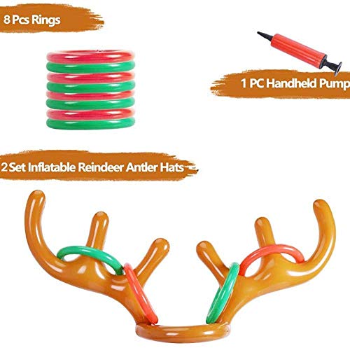 LEDeng 2PCS Christmas Party Toss Game Inflatable Reindeer Antler Hat with Rings for Kids Adults Family Xmas Fun Games(1 Pump，8 Rings, 2 Antlers)