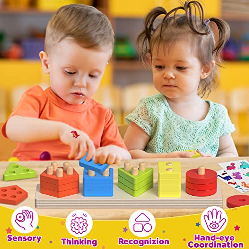 pigipigi Montessori Toys for Toddlers- Wooden Sorting Stacking Blocks for 1 2 3 4 Years Old Baby Boys Girls Learning Shape Color Preschool Educational Activity Game Christmas Birthday Easter Gift